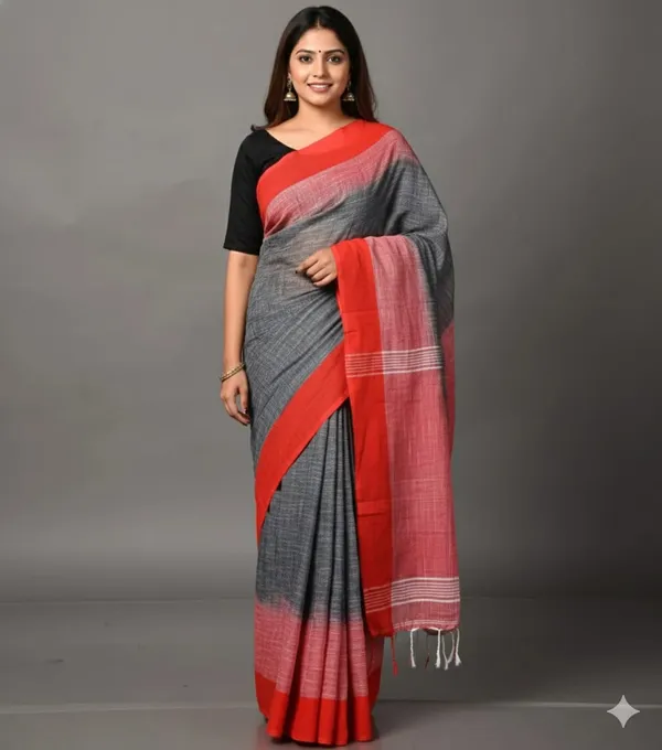 Grey_Premium_Quality_Khadi_Cotton_Saree_For_Women_with_Blouse