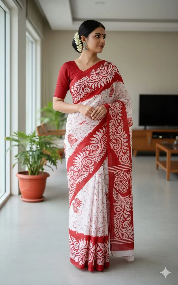 Red_Premium_Quality_Mul_Cotton_Saree_For_Women_no_blouse
