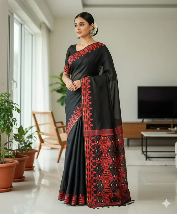 Black_Premium_Quality_Resham_Jamdani_Saree_For_Women_with_Blouse