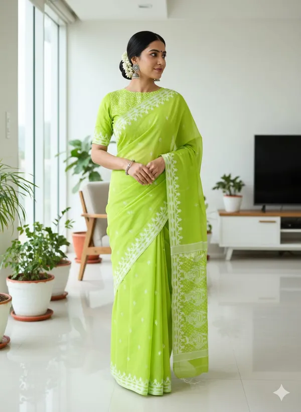 Parrot_Green_Premium_Quality_Resham_Jamdani_Saree_For_Women_with_Blouse