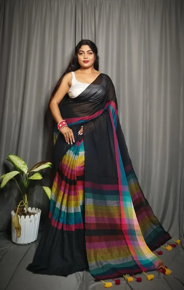 Black_Premium_Quality_Mul_Cotton_Saree_For_Women_with_Blouse