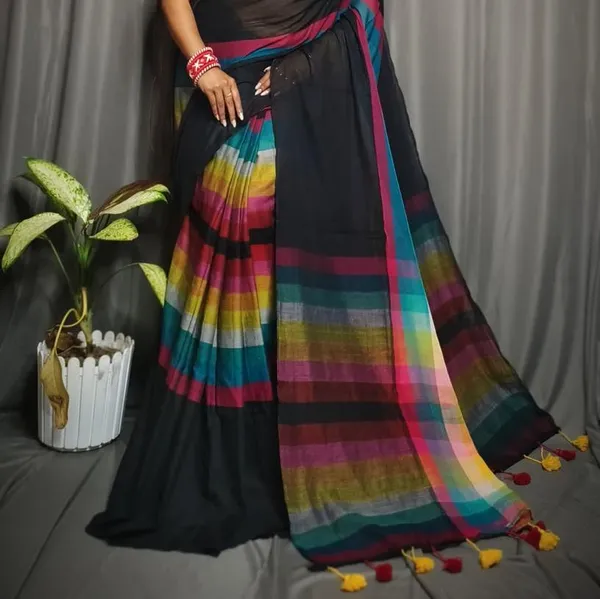 Black_Premium_Quality_Mul_Cotton_Saree_For_Women_with_Blouse