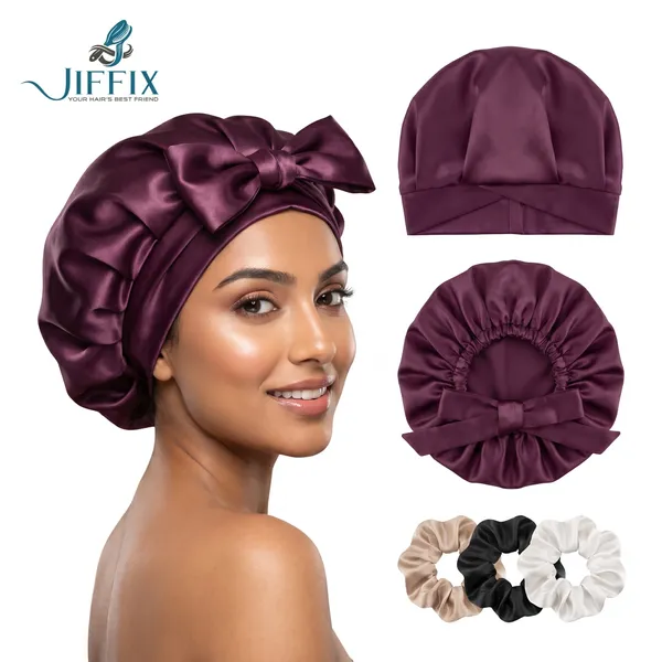 Silk_Satin_Hair_Bonnet_for_Sleeping_with_3_Scrunchies,_Adjustable_Tie_Band_Sleep_Cap_for_Women,_Anti_Frizz_Bonnet_for_Curly_Hair,_Night_Cap_for_Hair_Protection_&_Hair_Care