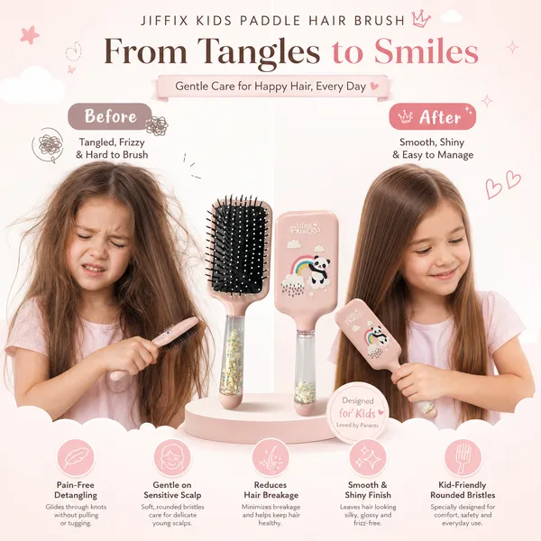 JIFFIX_Kids_Hair_Brush_for_Girls_|_Detangling_Paddle_Hair_Brush_for_Kids_|_Soft_Ball_Tip_Bristles_Hair_Comb_|_Anti_Breakage_Scalp_Massage_Hair_Brush_|_Cute_Princess_Hair_Brush