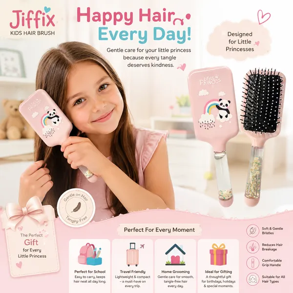 JIFFIX_Kids_Hair_Brush_for_Girls_|_Detangling_Paddle_Hair_Brush_for_Kids_|_Soft_Ball_Tip_Bristles_Hair_Comb_|_Anti_Breakage_Scalp_Massage_Hair_Brush_|_Cute_Princess_Hair_Brush