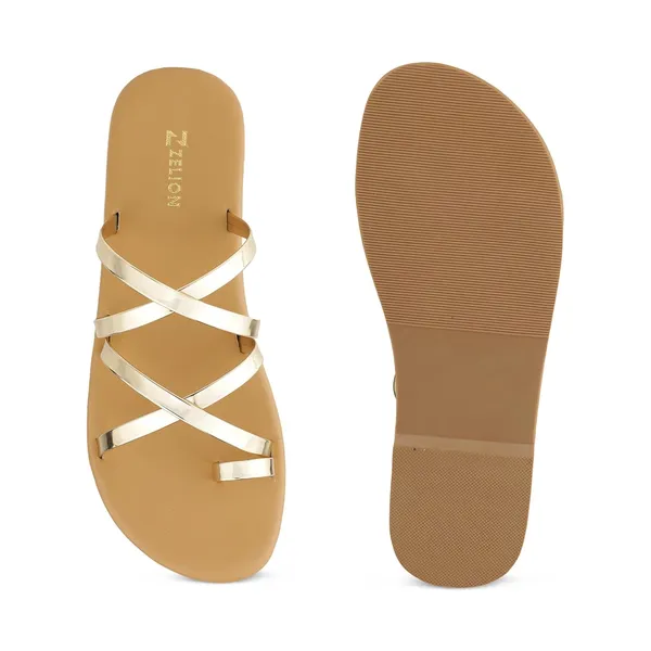 Zelion_Women'S_Strappy_Slide_Sandals,_Metallic_Gold_Toe_Ring_Flat_Sandals