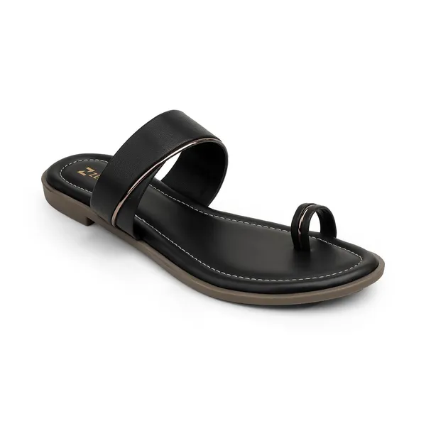 Zelion_Women'S_Toe_Ring_Sandals,_Black_And_Brown,_Leather,_Flat_Sole_With_Metallic_Accent