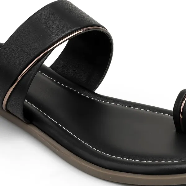Zelion_Women'S_Toe_Ring_Sandals,_Black_And_Brown,_Leather,_Flat_Sole_With_Metallic_Accent