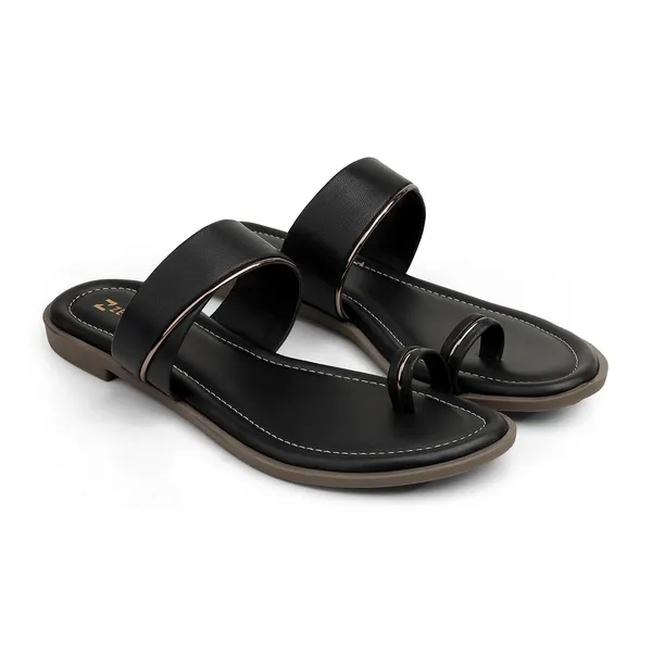 Zelion_Women'S_Toe_Ring_Sandals,_Black_And_Brown,_Leather,_Flat_Sole_With_Metallic_Accent
