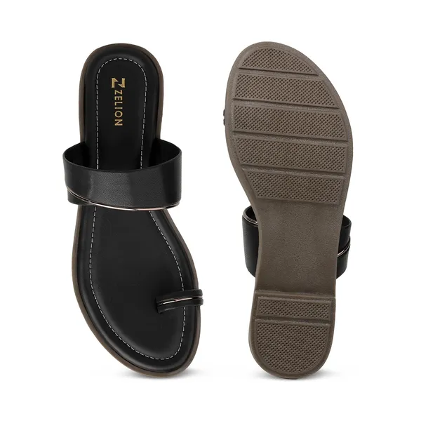 Zelion_Women'S_Toe_Ring_Sandals,_Black_And_Brown,_Leather,_Flat_Sole_With_Metallic_Accent