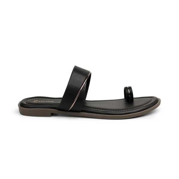 Zelion_Women'S_Toe_Ring_Sandals,_Black_And_Brown,_Leather,_Flat_Sole_With_Metallic_Accent
