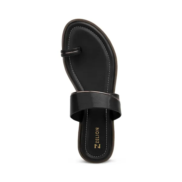 Zelion_Women'S_Toe_Ring_Sandals,_Black_And_Brown,_Leather,_Flat_Sole_With_Metallic_Accent