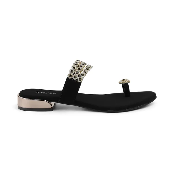 Zelion_Women'S_Embellished_Toe_Ring_Flat_Sandals_With_Rhinestone_Strap_And_Metallic_Block_Heel