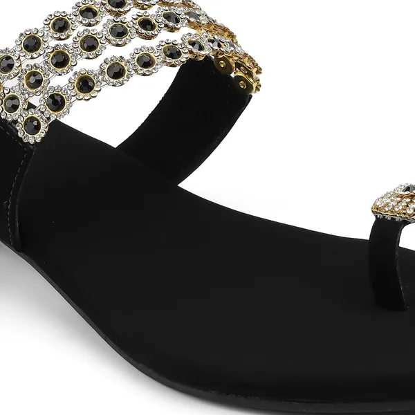 Zelion_Women'S_Embellished_Toe_Ring_Flat_Sandals_With_Rhinestone_Strap_And_Metallic_Block_Heel