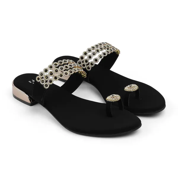 Zelion_Women'S_Embellished_Toe_Ring_Flat_Sandals_With_Rhinestone_Strap_And_Metallic_Block_Heel