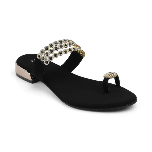Zelion_Women'S_Embellished_Toe_Ring_Flat_Sandals_With_Rhinestone_Strap_And_Metallic_Block_Heel