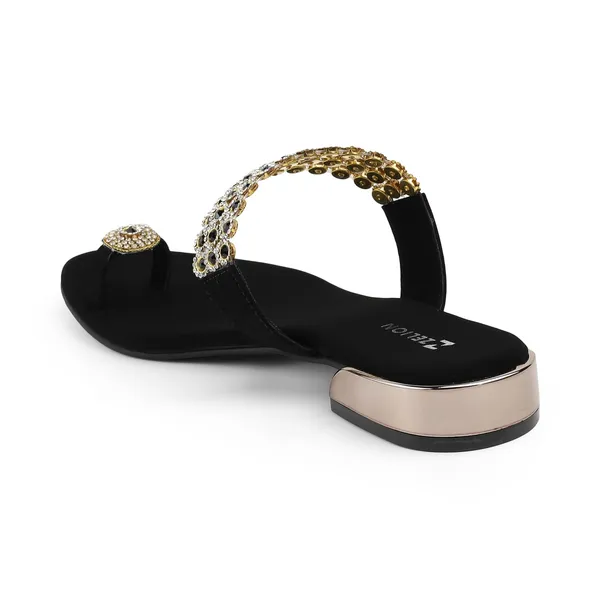 Zelion_Women'S_Embellished_Toe_Ring_Flat_Sandals_With_Rhinestone_Strap_And_Metallic_Block_Heel