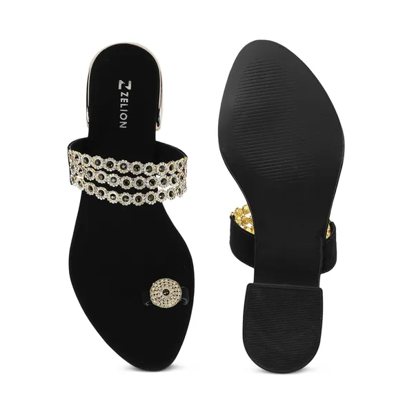 Zelion_Women'S_Embellished_Toe_Ring_Flat_Sandals_With_Rhinestone_Strap_And_Metallic_Block_Heel