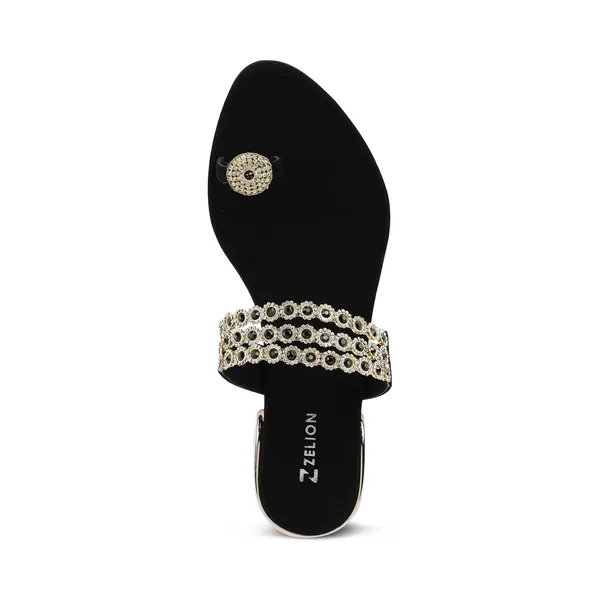 Zelion_Women'S_Embellished_Toe_Ring_Flat_Sandals_With_Rhinestone_Strap_And_Metallic_Block_Heel