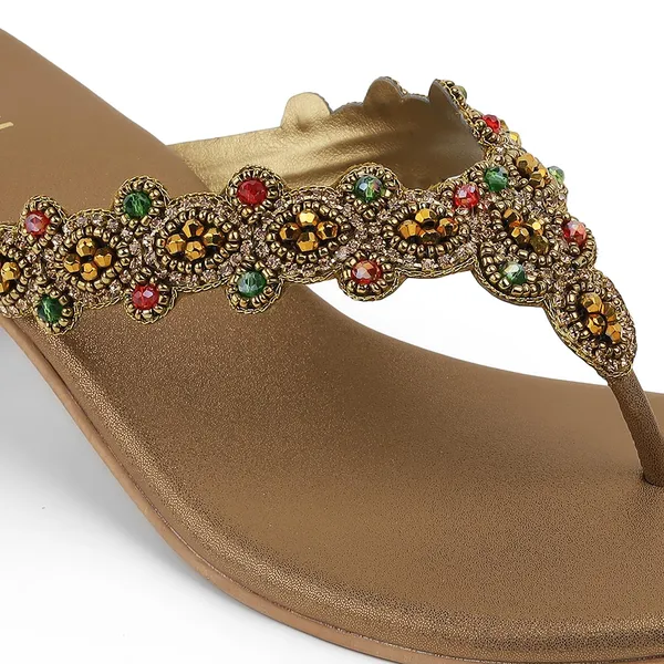Zelion_Women'S_Embellished_Thong_Heeled_Sandals,_Gold,_Multicolour_Beaded_Strap,_Ethnic_Wear