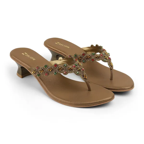 Zelion_Women'S_Embellished_Thong_Heeled_Sandals,_Gold,_Multicolour_Beaded_Strap,_Ethnic_Wear