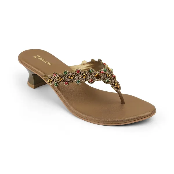 Zelion_Women'S_Embellished_Thong_Heeled_Sandals,_Gold,_Multicolour_Beaded_Strap,_Ethnic_Wear