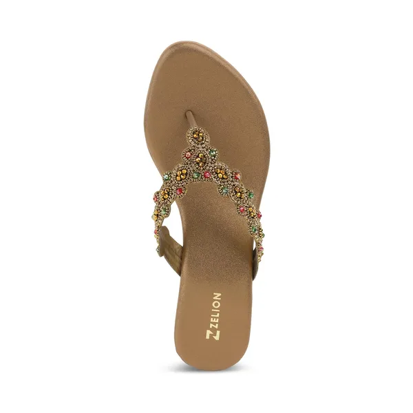 Zelion_Women'S_Embellished_Thong_Heeled_Sandals,_Gold,_Multicolour_Beaded_Strap,_Ethnic_Wear