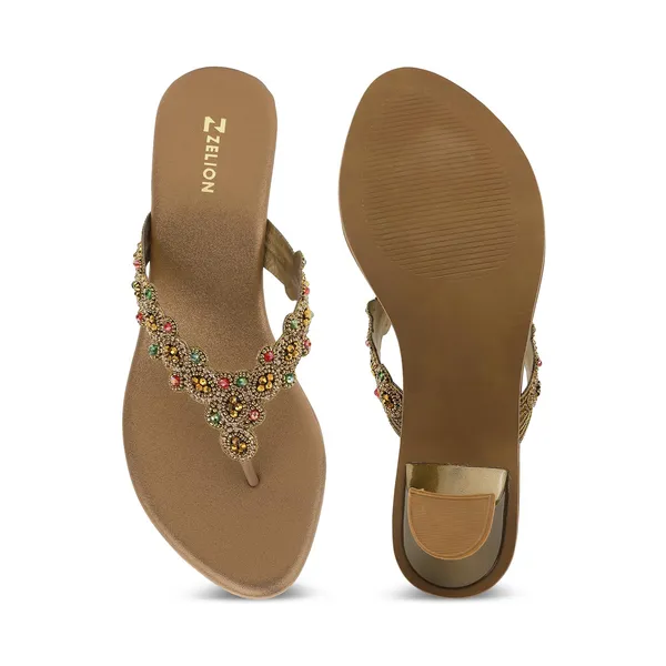 Zelion_Women'S_Embellished_Thong_Heeled_Sandals,_Gold,_Multicolour_Beaded_Strap,_Ethnic_Wear