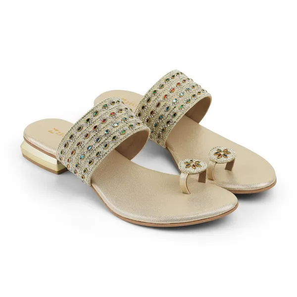 Zelion_Women'S_Embellished_Toe_Ring_Sandals,_Gold,_Low_Block_Heel,_Multicolour_Stone_Work