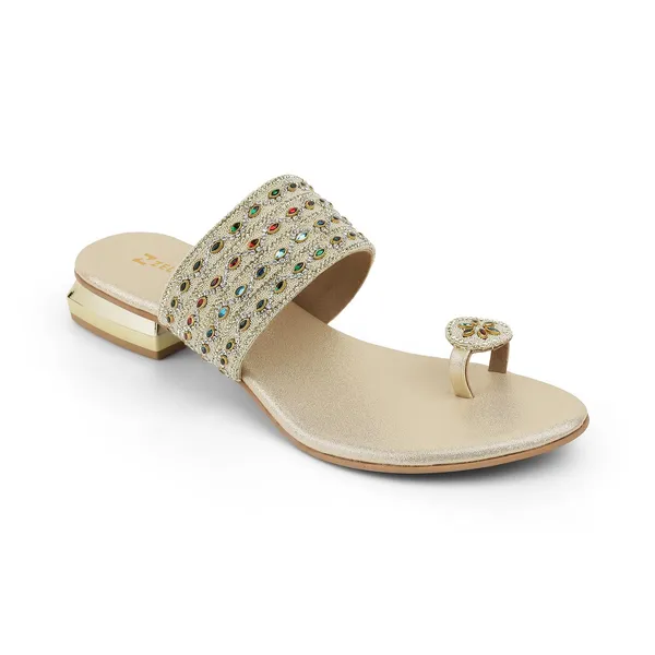 Zelion_Women'S_Embellished_Toe_Ring_Sandals,_Gold,_Low_Block_Heel,_Multicolour_Stone_Work