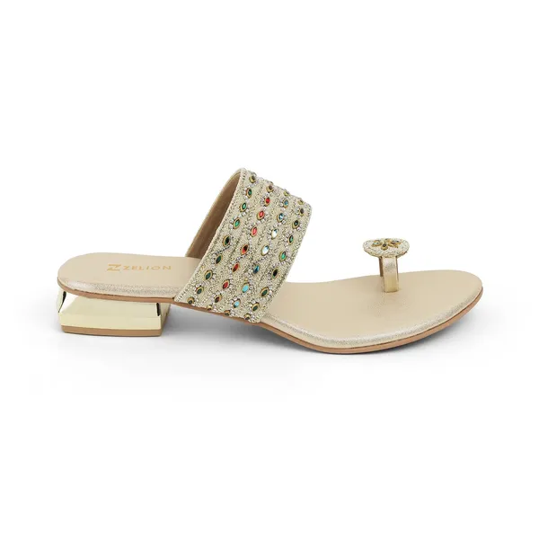Zelion_Women'S_Embellished_Toe_Ring_Sandals,_Gold,_Low_Block_Heel,_Multicolour_Stone_Work