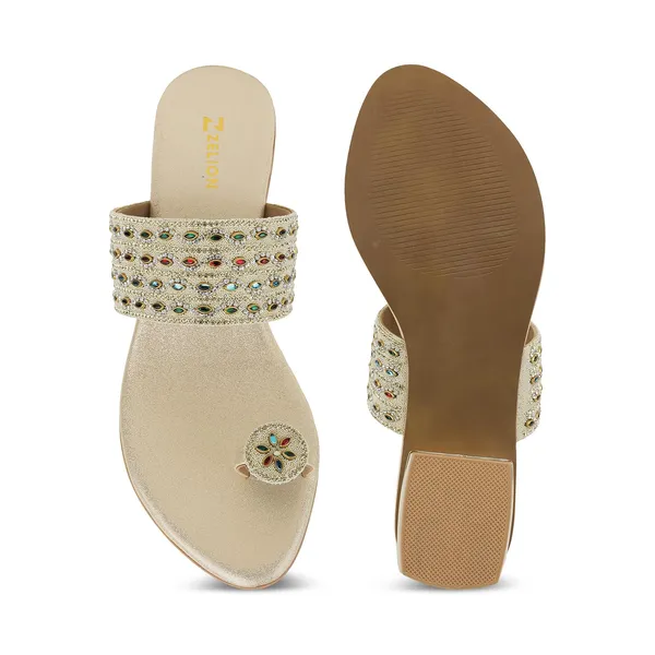 Zelion_Women'S_Embellished_Toe_Ring_Sandals,_Gold,_Low_Block_Heel,_Multicolour_Stone_Work