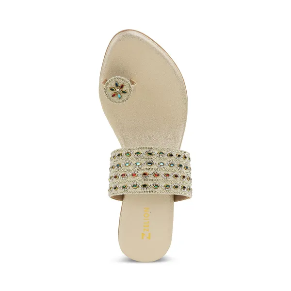 Zelion_Women'S_Embellished_Toe_Ring_Sandals,_Gold,_Low_Block_Heel,_Multicolour_Stone_Work