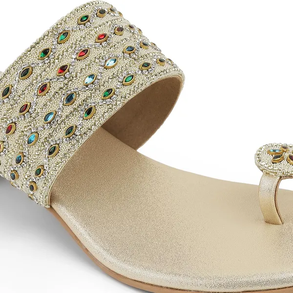 Zelion_Women'S_Embellished_Toe_Ring_Sandals,_Gold,_Low_Block_Heel,_Multicolour_Stone_Work