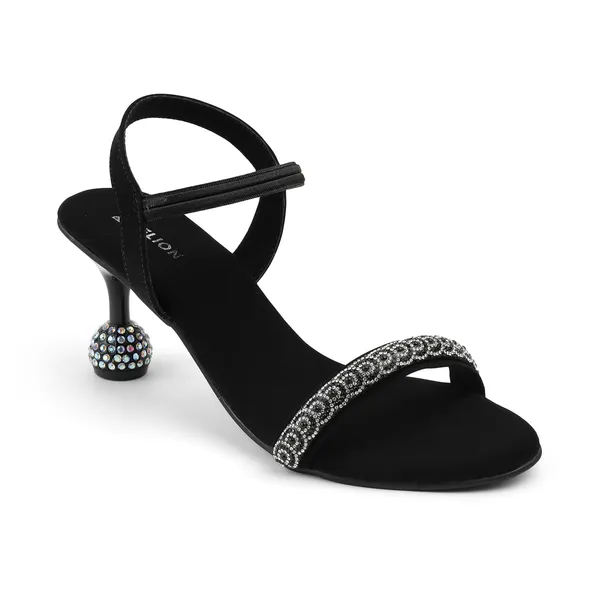 Zelion_Women'S_Black_Rhinestone_Embellished_Kitten_Heel_Sandals_With_Jewelled_Ball_Heel_And_Ankle_Strap