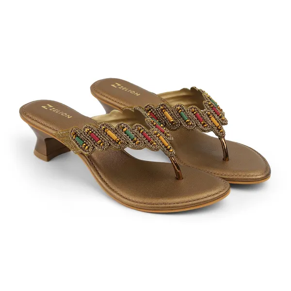 Zelion_Women'S_Beaded_Thong_Sandals,_Gold,_Low_Kitten_Heel,_Ethnic_Embellished_Slip-On