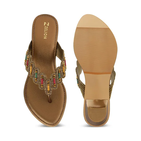 Zelion_Women'S_Beaded_Thong_Sandals,_Gold,_Low_Kitten_Heel,_Ethnic_Embellished_Slip-On