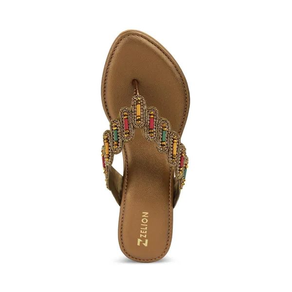 Zelion_Women'S_Beaded_Thong_Sandals,_Gold,_Low_Kitten_Heel,_Ethnic_Embellished_Slip-On