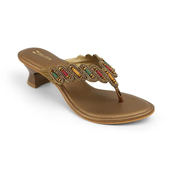 Zelion_Women'S_Beaded_Thong_Sandals,_Gold,_Low_Kitten_Heel,_Ethnic_Embellished_Slip-On