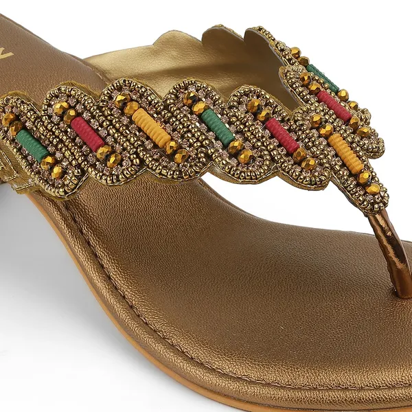 Zelion_Women'S_Beaded_Thong_Sandals,_Gold,_Low_Kitten_Heel,_Ethnic_Embellished_Slip-On
