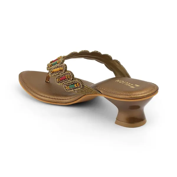 Zelion_Women'S_Beaded_Thong_Sandals,_Gold,_Low_Kitten_Heel,_Ethnic_Embellished_Slip-On