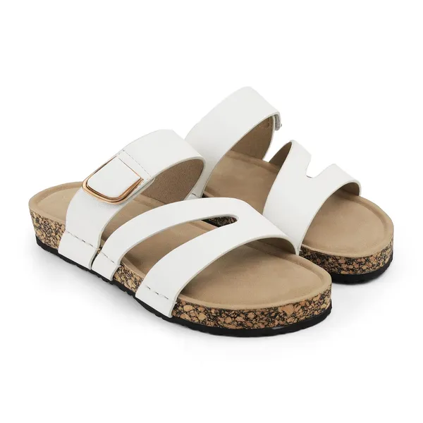 Zelion_Women'S_Triple_Strap_Slide_Sandals_With_Gold_Buckle_Detail,_Cork_Platform
