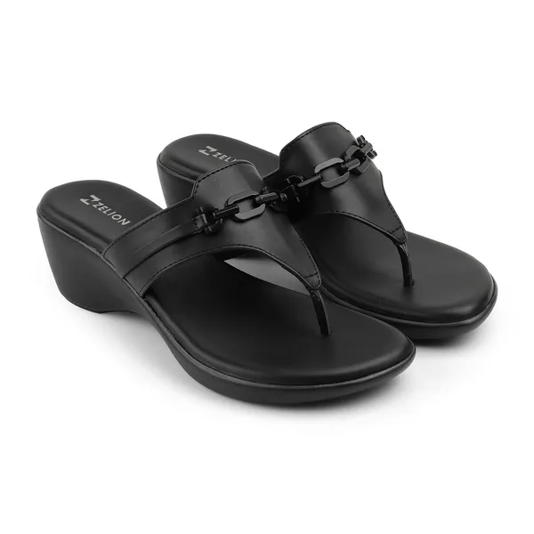 Zelion_Women'S_Black_Wedge_Thong_Sandals_With_Chain_Buckle_Detail