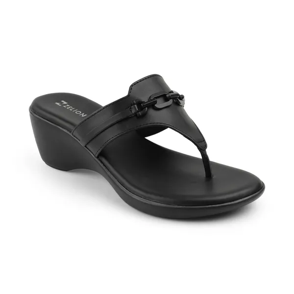Zelion_Women'S_Black_Wedge_Thong_Sandals_With_Chain_Buckle_Detail