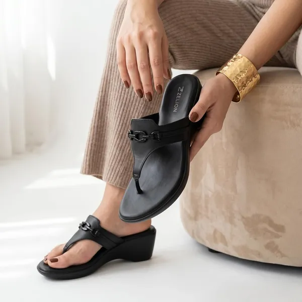 Zelion_Women'S_Black_Wedge_Thong_Sandals_With_Chain_Buckle_Detail