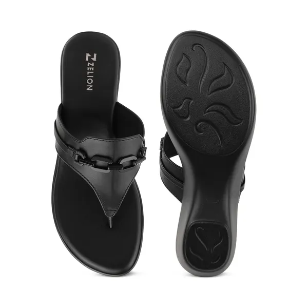 Zelion_Women'S_Black_Wedge_Thong_Sandals_With_Chain_Buckle_Detail