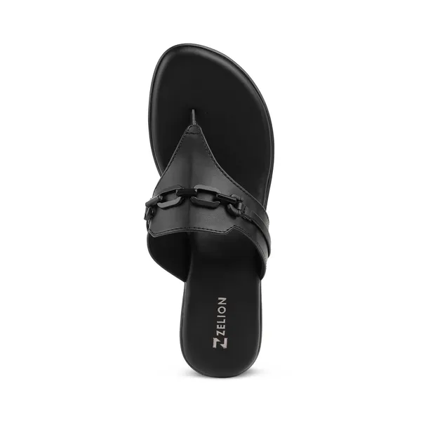 Zelion_Women'S_Black_Wedge_Thong_Sandals_With_Chain_Buckle_Detail