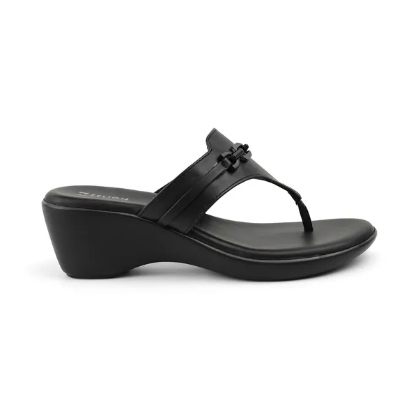 Zelion_Women'S_Black_Wedge_Thong_Sandals_With_Chain_Buckle_Detail