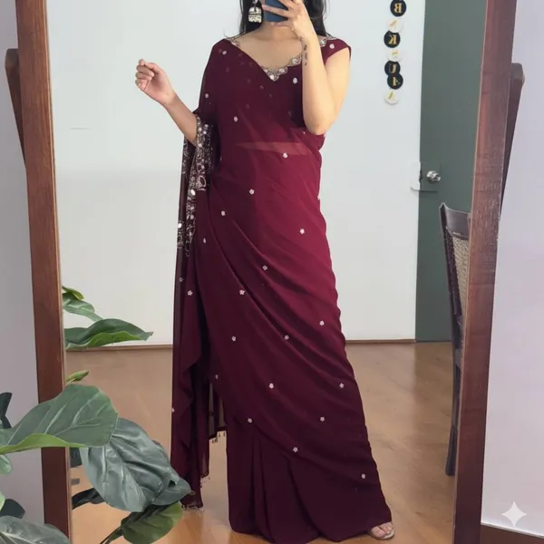Exclusive_2_Styles_Hand_Worked_Drape_Saree_On_Faux_Georgette_Fabric_With_Stitched_Blouse