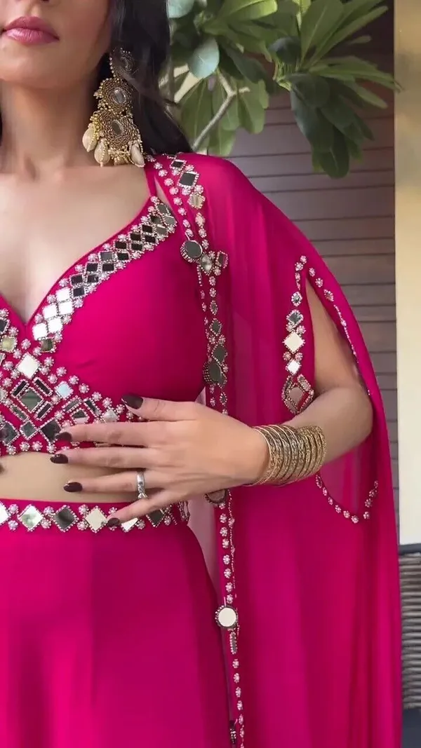 Rani_Pink_Mirror_Work_Lehenga_Choli_With_Flared_Sleeves_And_Dupatta